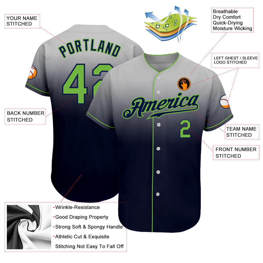 Custom Gray Neon Green-Navy Authentic Fade Fashion Baseball Jersey