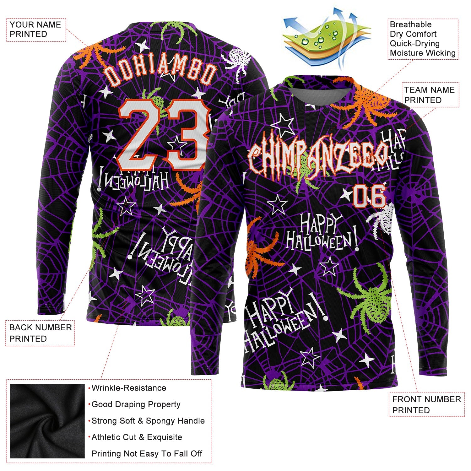 Custom 3D Pattern Happy Halloween Spiders Long Sleeve Performance T-Shirt