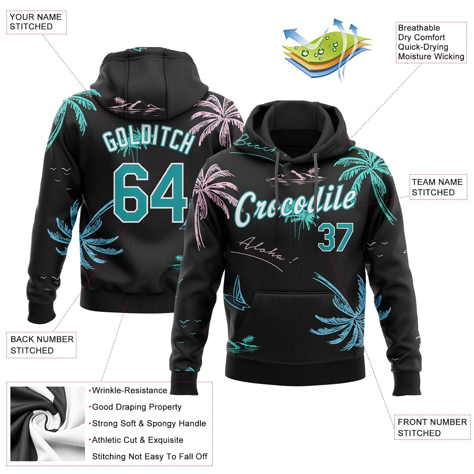 Custom Stitched Black Aqua-White 3D Pattern Design Hawaii Palm Trees Sports Pullover Sweatshirt Hoodie