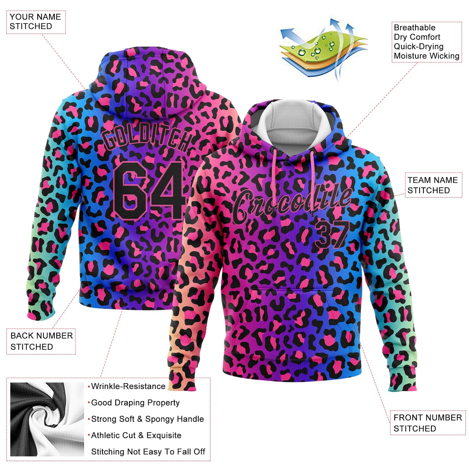 Custom Stitched Purple Black-Pink 3D Pattern Design Leopard Sports Pullover Sweatshirt Hoodie