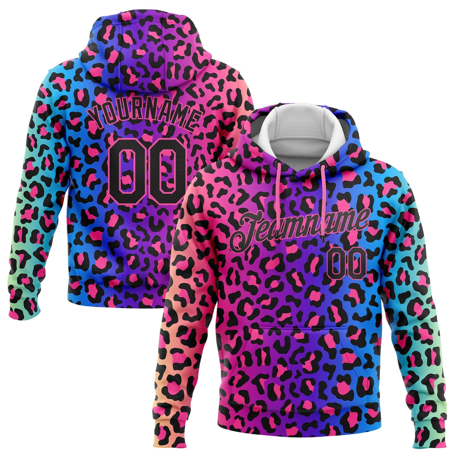 Custom Stitched Purple Black-Pink 3D Pattern Design Leopard Sports Pullover Sweatshirt Hoodie
