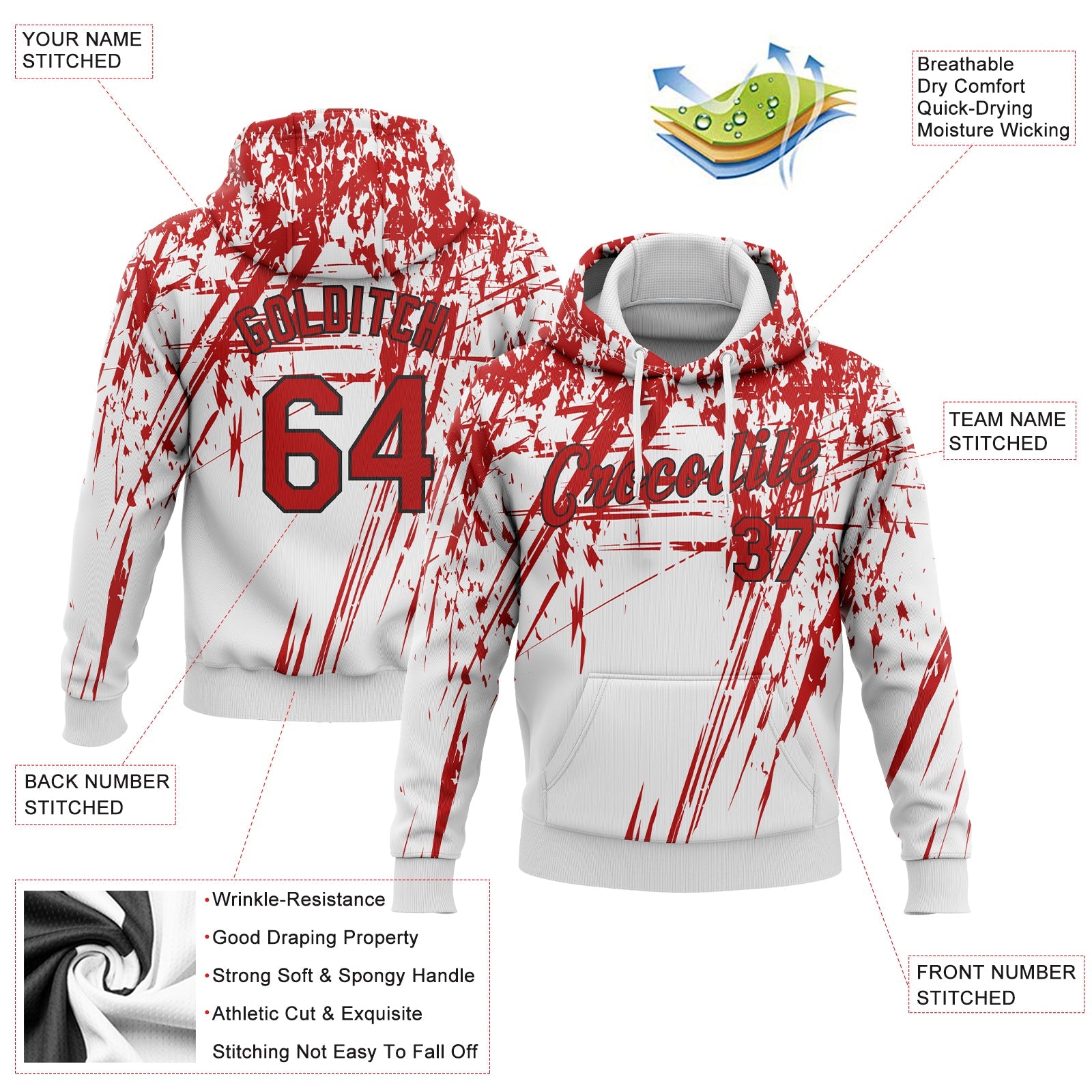 Custom Stitched White Red-Black 3D Pattern Design Sports Pullover Sweatshirt Hoodie