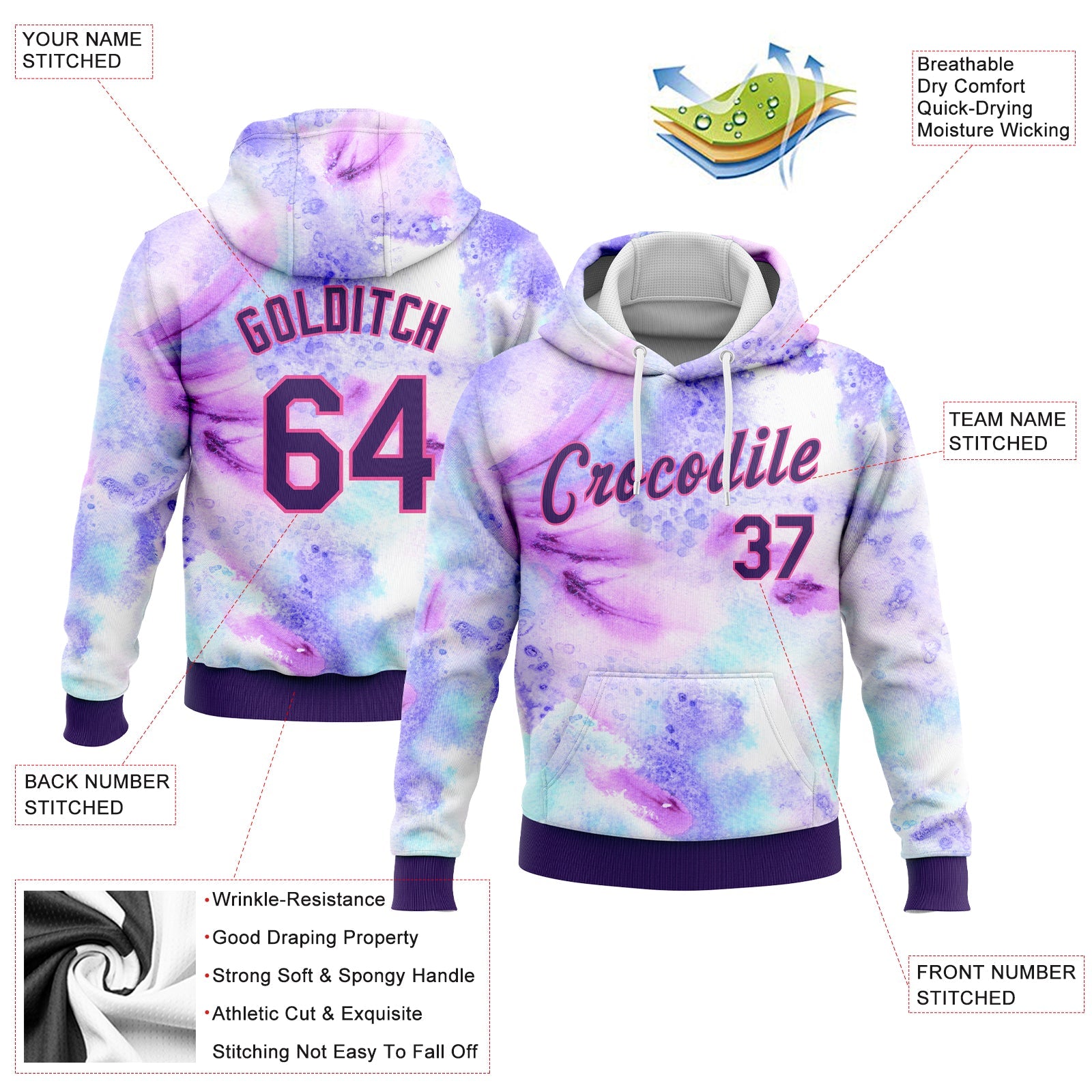 Custom Stitched Tie Dye Purple-Pink 3D Pattern Design Sports Pullover Sweatshirt Hoodie