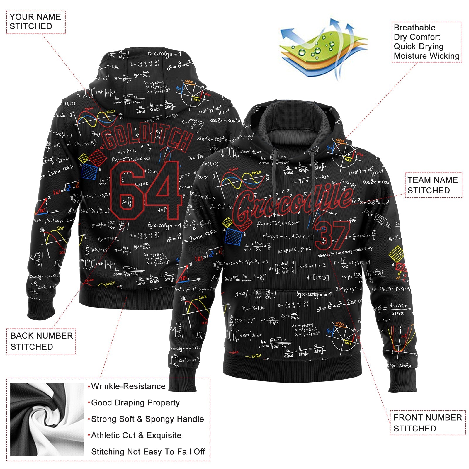 Custom Stitched Black Black Red-White 3D Pattern Design Math Sports Pullover Sweatshirt Hoodie