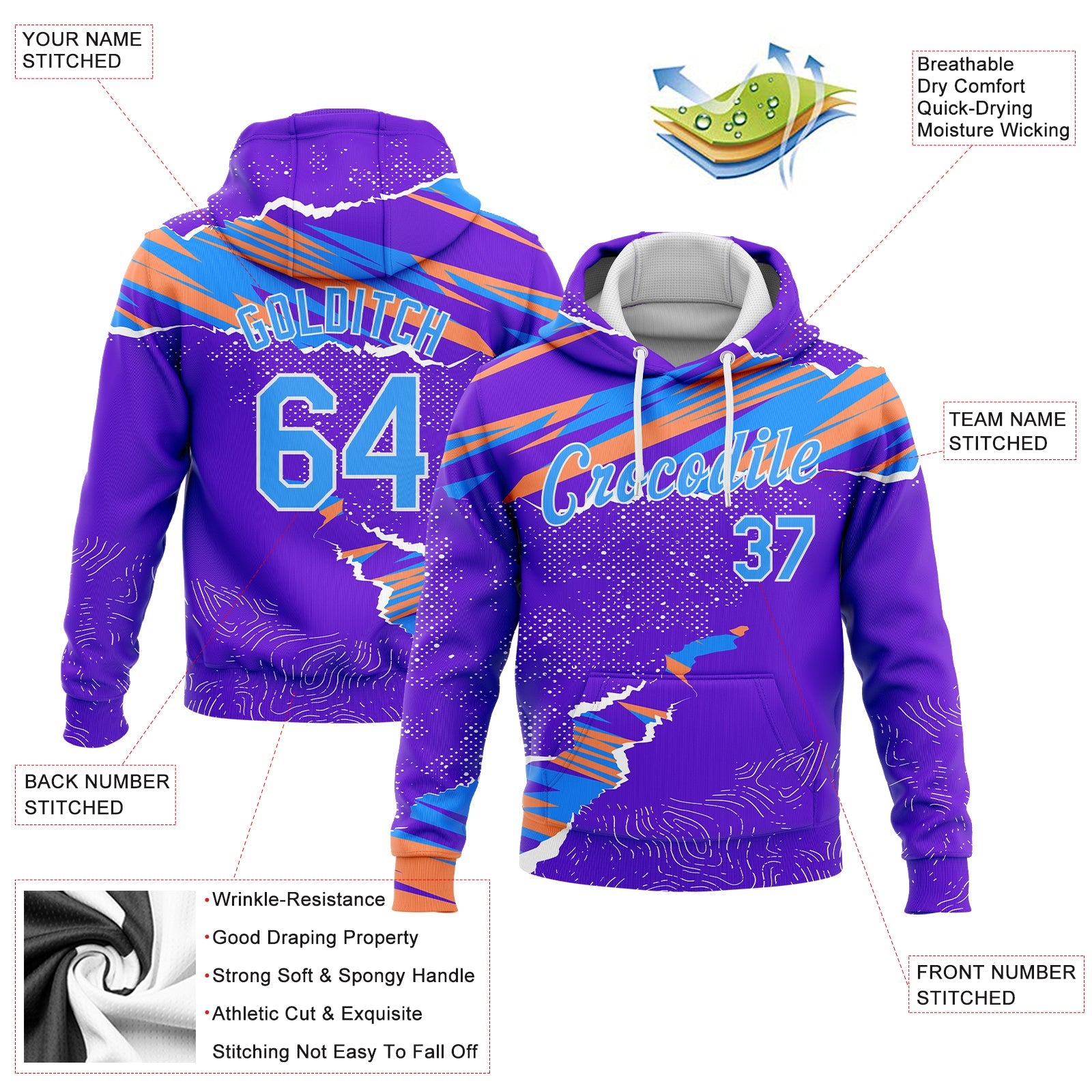 Custom Stitched Purple Light Blue Orange-White 3D Pattern Design Sports Pullover Sweatshirt Hoodie