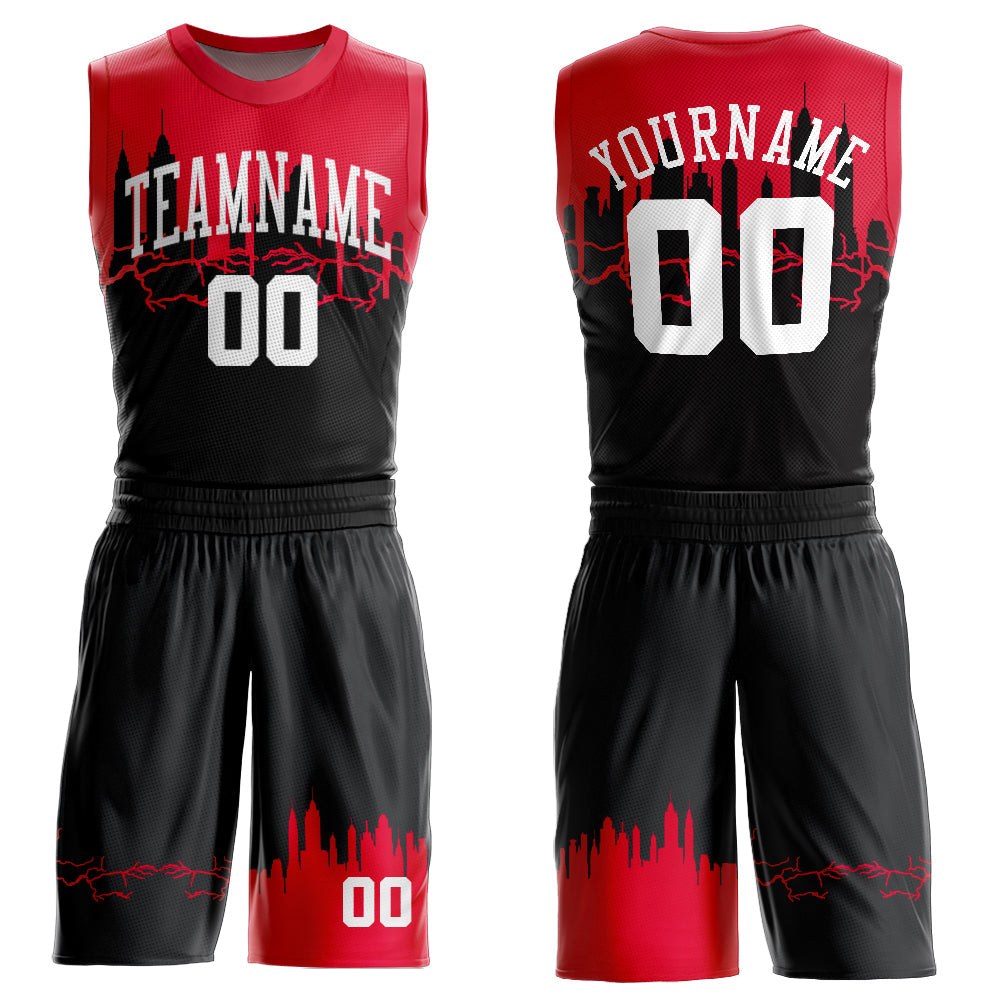Custom Black White-Red Round Neck Sublimation Basketball Suit Jersey