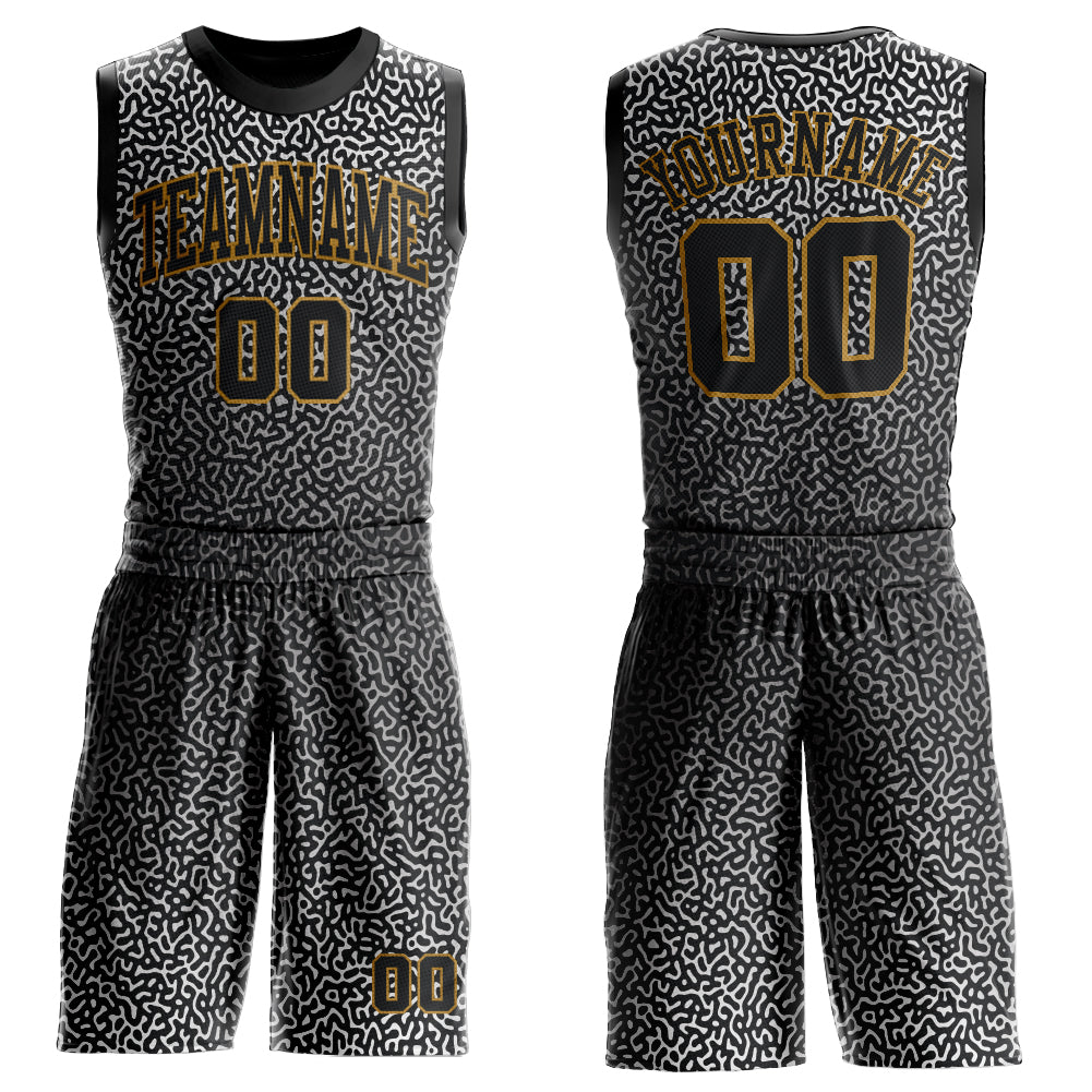 Custom Black Black-Old Gold Round Neck Sublimation Basketball Suit Jersey