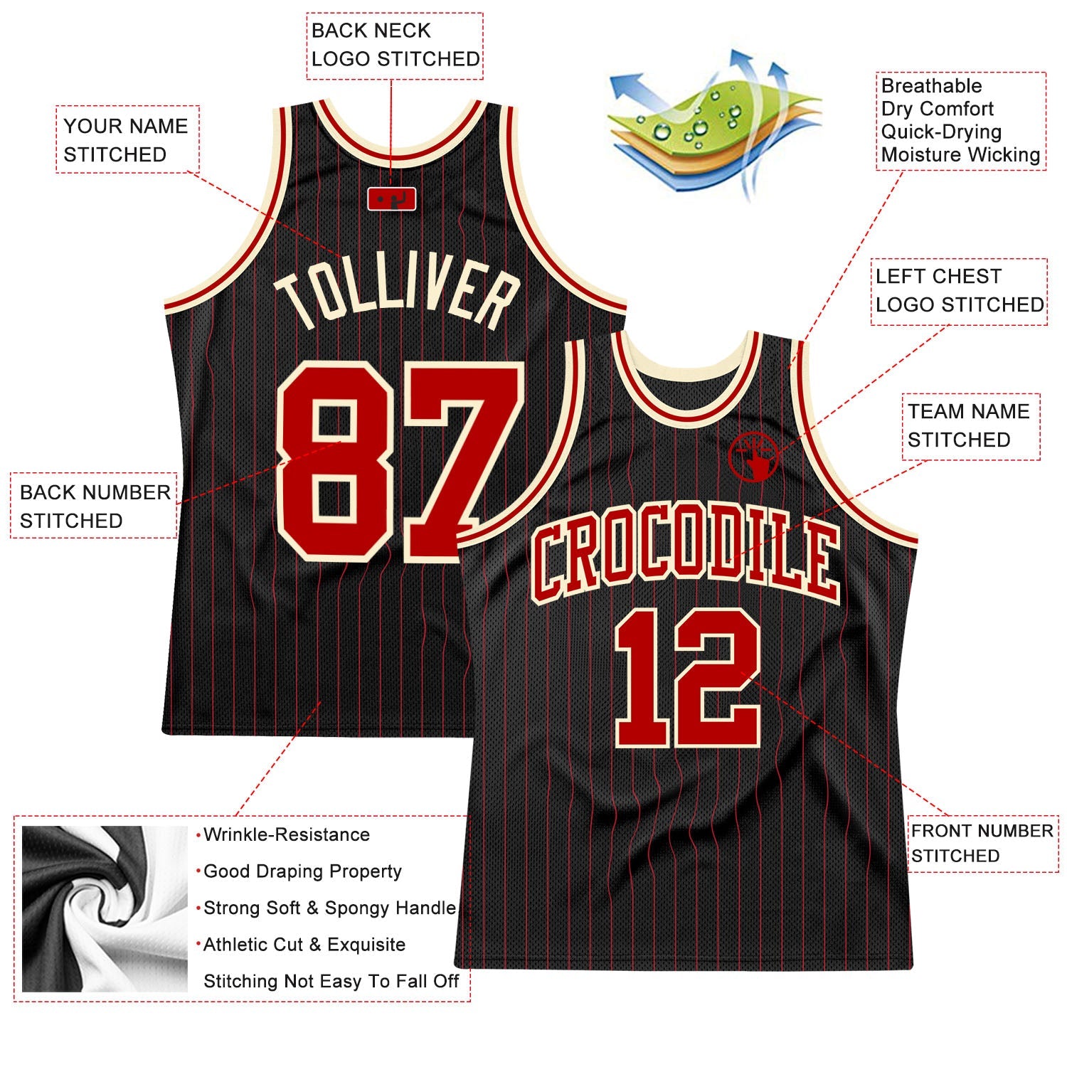 Custom Black Red Pinstripe Red-Cream Authentic Basketball Jersey