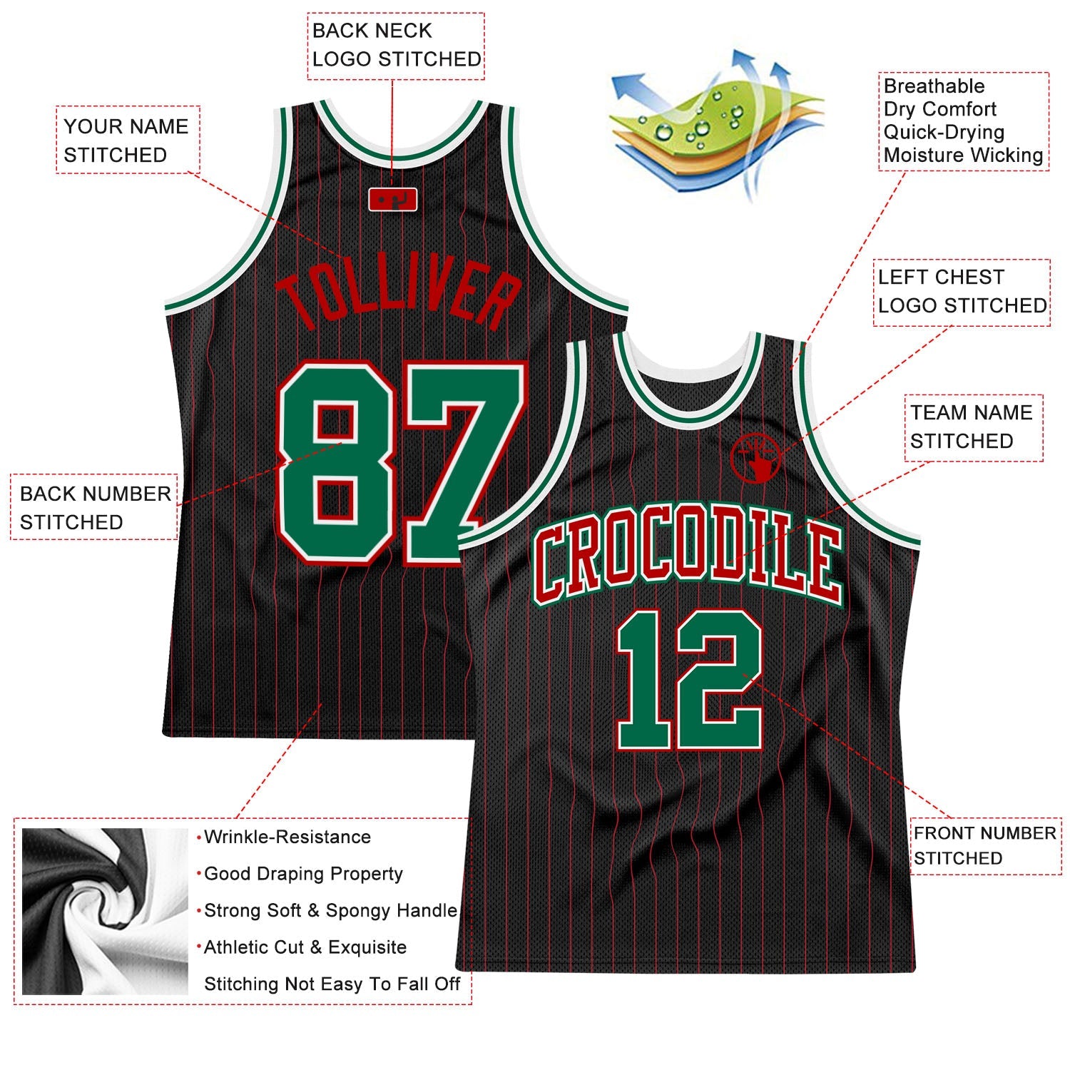 Custom Black Red Pinstripe Kelly Green-Red Authentic Basketball Jersey