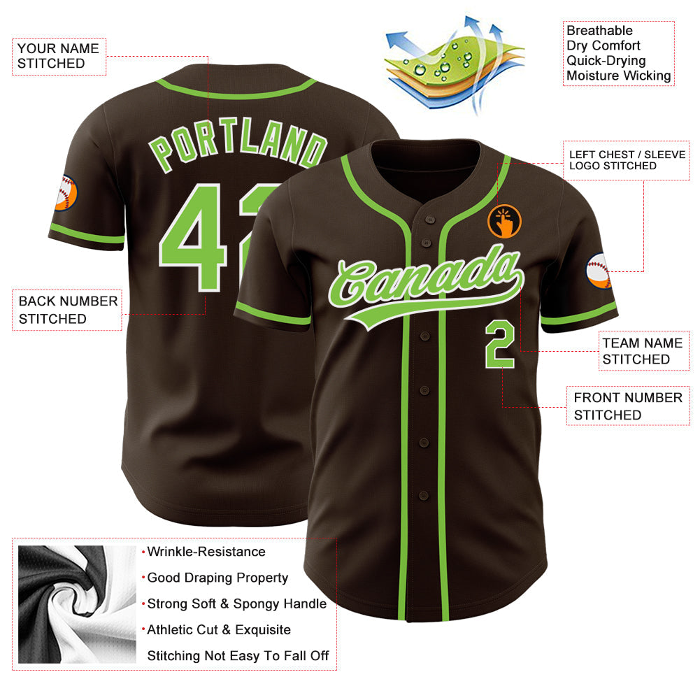 Custom Brown Neon Green-White Authentic Baseball Jersey