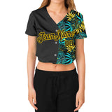Custom Women's Black Black-Gold Tropical Plants 3D V-Neck Cropped Baseball Jersey