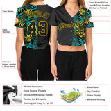 Custom Women's Black Black-Gold Tropical Plants 3D V-Neck Cropped Baseball Jersey