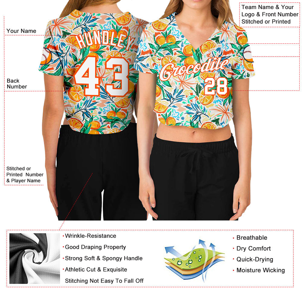 Custom Women's White White-Orange Fruits 3D V-Neck Cropped Baseball Jersey