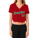 Custom Women's Red Green-White V-Neck Cropped Baseball Jersey