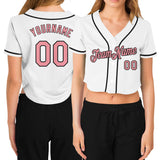 Custom Women's White Pink-Black V-Neck Cropped Baseball Jersey