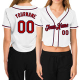 Custom Women's White Red-Navy V-Neck Cropped Baseball Jersey