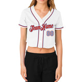 Custom Women's White Light Blue-Red V-Neck Cropped Baseball Jersey