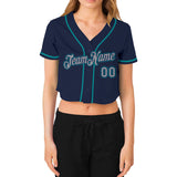 Custom Women's Navy Gary-Aqua V-Neck Cropped Baseball Jersey