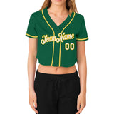 Custom Women's Kelly Green White-Gold V-Neck Cropped Baseball Jersey
