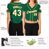 Custom Women's Kelly Green White-Gold V-Neck Cropped Baseball Jersey
