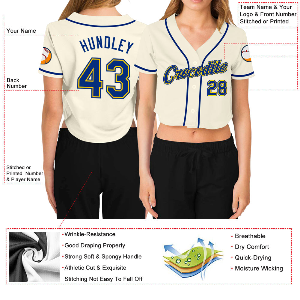 Custom Women's Cream Royal-Gold V-Neck Cropped Baseball Jersey