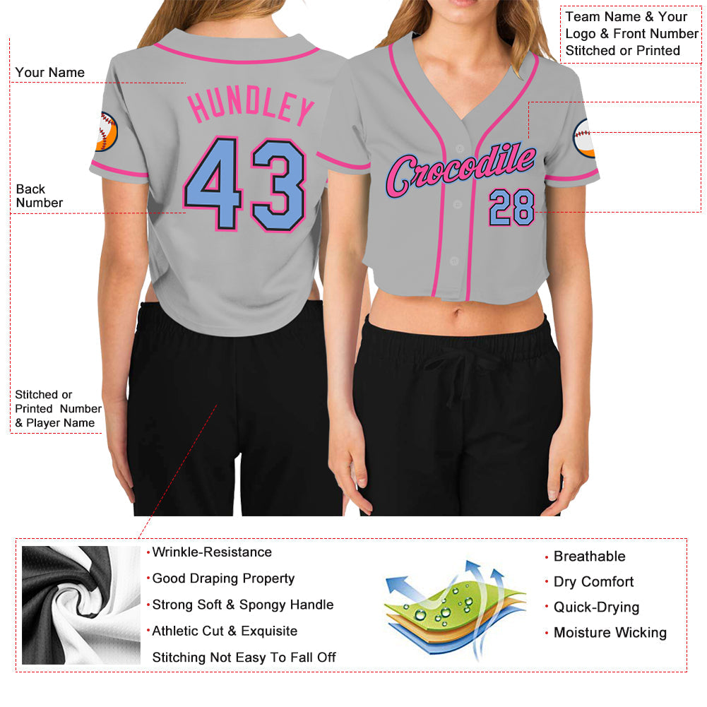 Custom Women s Gray Light Blue Black Pink V Neck Cropped Baseball Jersey Discount snapmade