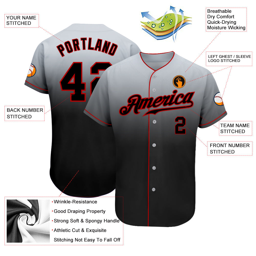Custom Gray Black-Red Authentic Fade Fashion Baseball Jersey