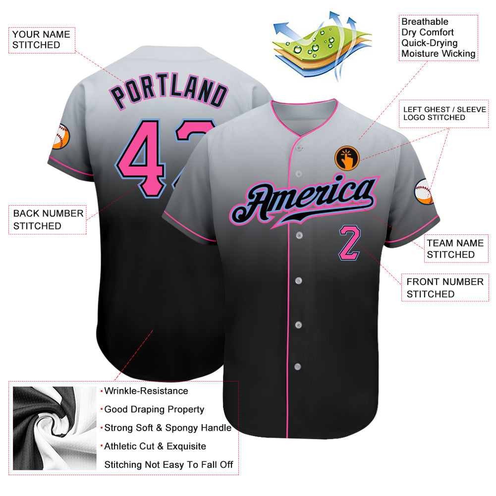 Custom Gray Pink-Black Authentic Fade Fashion Baseball Jersey