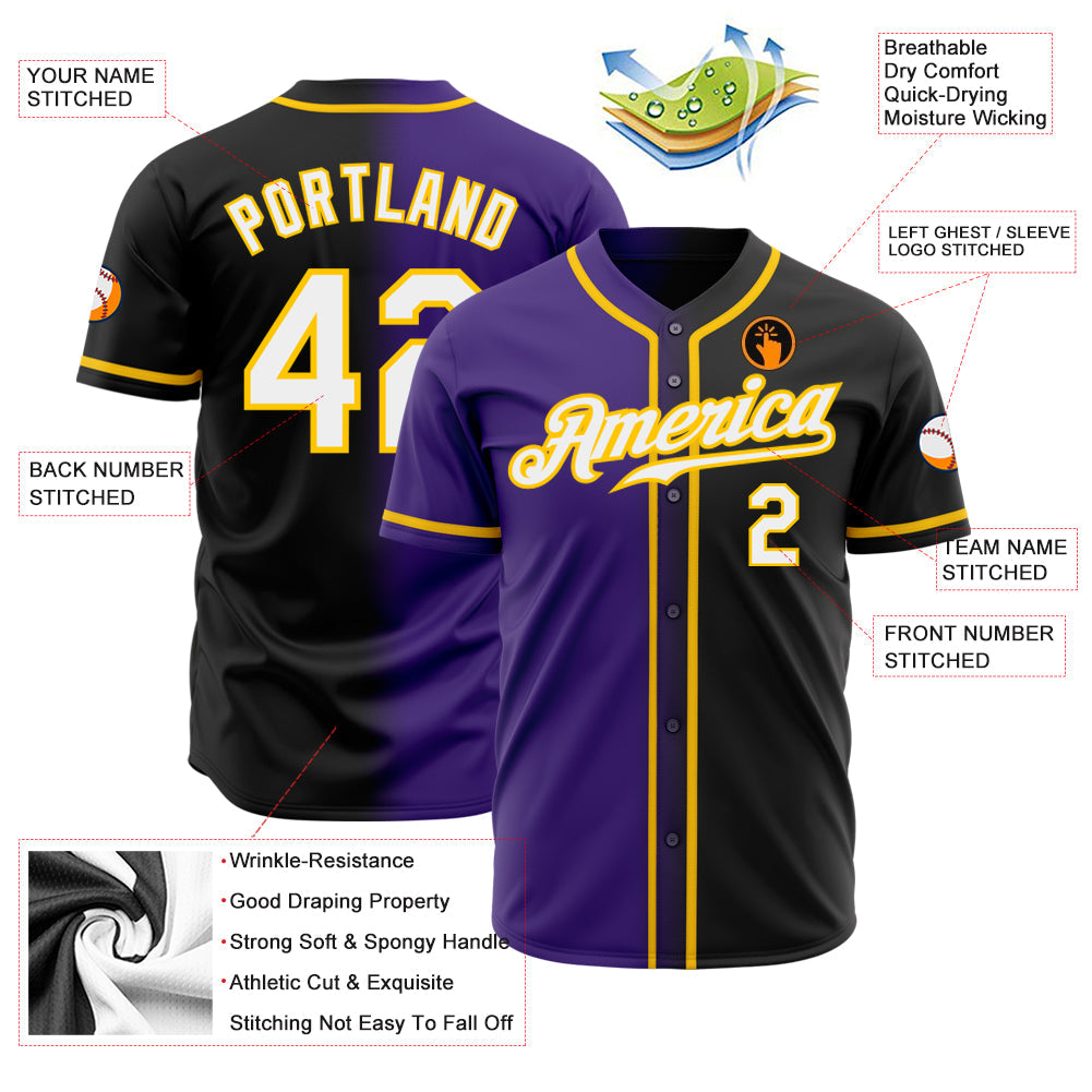 Custom Black White Purple-Gold Authentic Fade Fashion Baseball Jersey