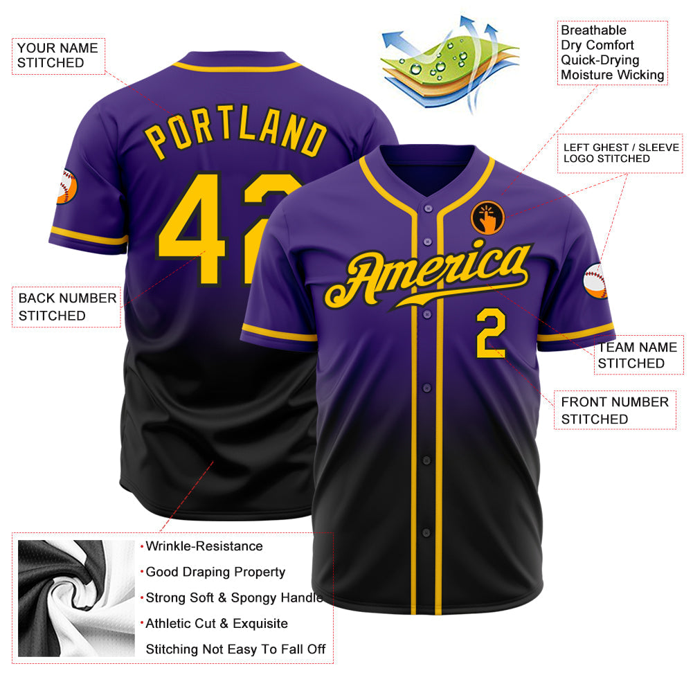 Custom Purple Gold-Black Authentic Fade Fashion Baseball Jersey