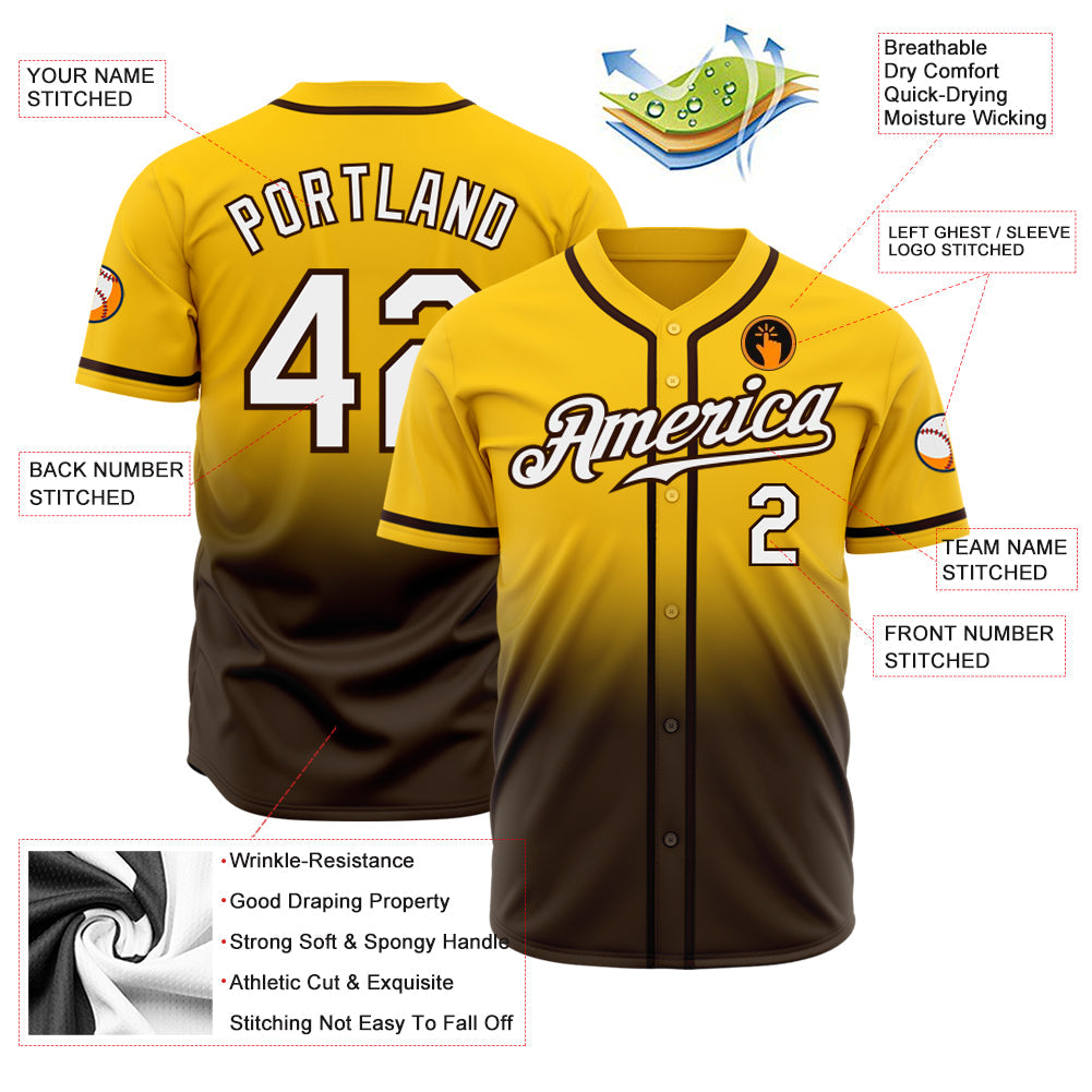 Custom Gold White-Brown Authentic Fade Fashion Baseball Jersey