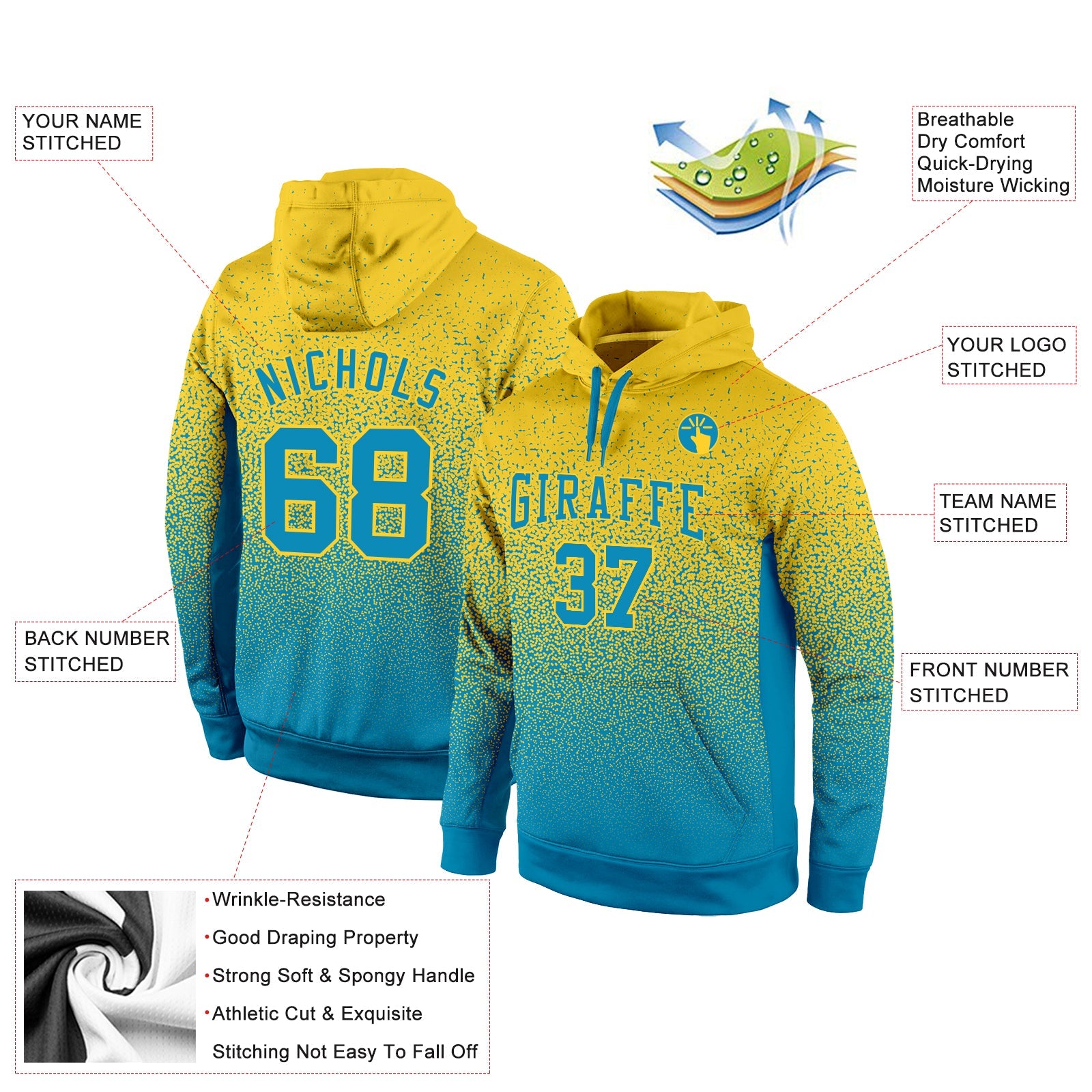 Custom Stitched Gold Panther Blue Fade Fashion Sports Pullover Sweatshirt Hoodie