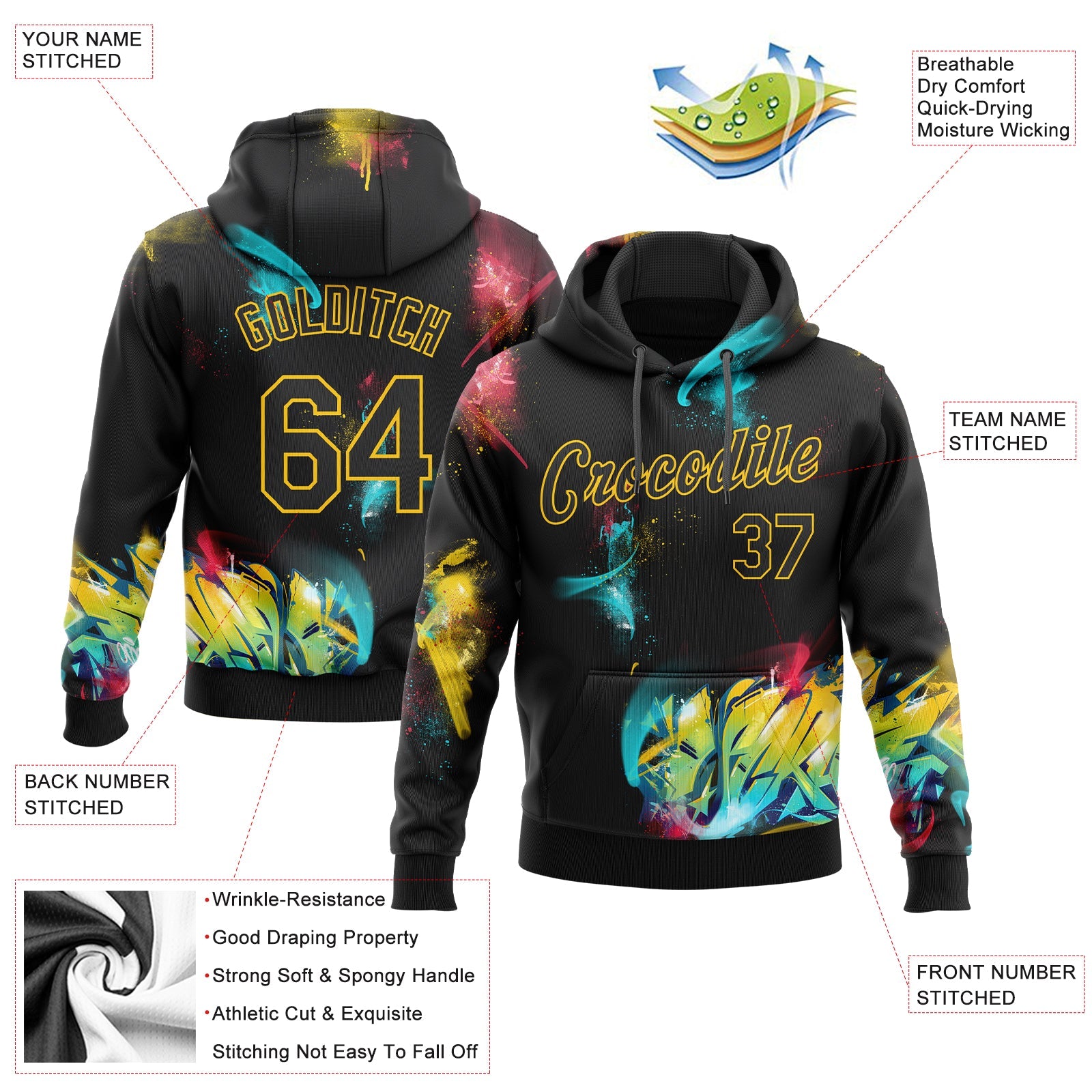 Custom Stitched Graffiti Pattern Black-Gold 3D Sports Pullover Sweatshirt Hoodie