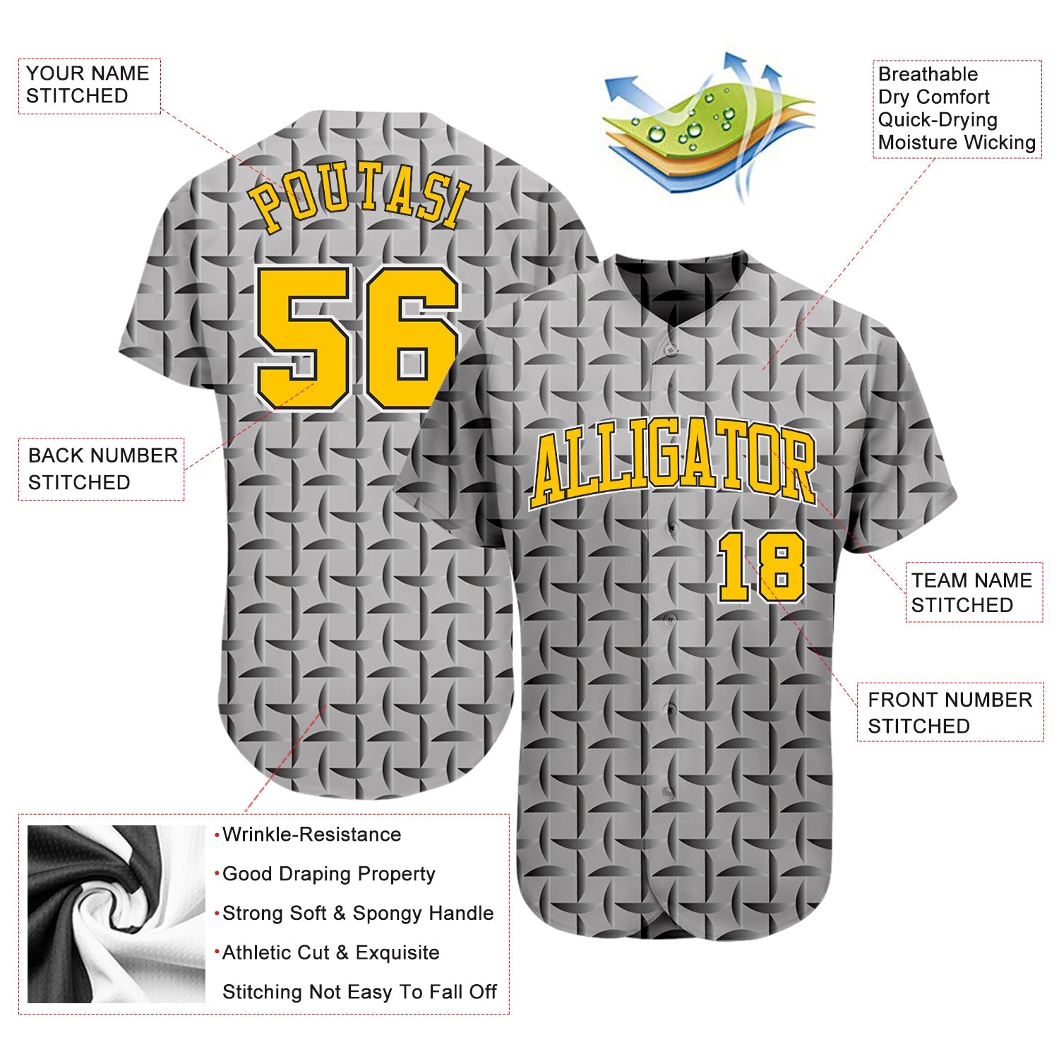Custom Gray Gold-Black 3D Pattern Design Authentic Baseball Jersey