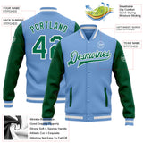 Custom Light Blue Kelly Green-White Bomber Full-Snap Varsity Letterman Two Tone Jacket