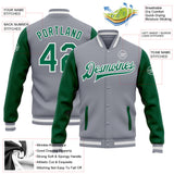 Custom Gray Kelly Green-White Bomber Full-Snap Varsity Letterman Two Tone Jacket