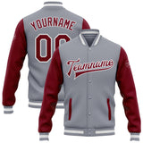 Custom Gray Crimson-White Bomber Full-Snap Varsity Letterman Two Tone Jacket