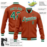 Custom Texas Orange Kelly Green-White Bomber Full-Snap Varsity Letterman Jacket