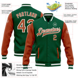 Custom Kelly Green Texas Orange-White Bomber Full-Snap Varsity Letterman Two Tone Jacket