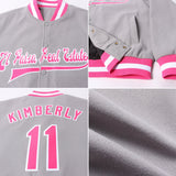 Custom Gray Pink-White Bomber Full-Snap Varsity Letterman Jacket