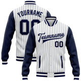 Custom White Navy Pinstripe Navy-Gray Bomber Full-Snap Varsity Letterman Two Tone Jacket