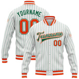 Custom White Kelly Green Pinstripe Orange-Kelly Green Bomber Full-Snap Varsity Letterman Jacket