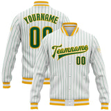 Custom White Kelly Green Pinstripe Kelly Green-Gold Bomber Full-Snap Varsity Letterman Jacket