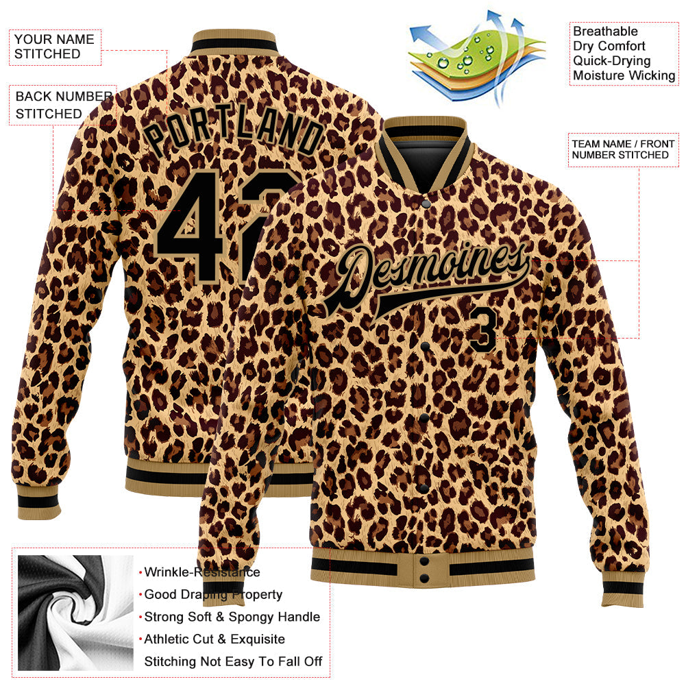 Custom Brown Black-Old Gold Leopard 3D Pattern Design Bomber Full-Snap Varsity Letterman Jacket