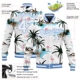 Custom White White-Light Blue Hawaii Palm Trees And Flamingo 3D Pattern Design Bomber Full-Snap Varsity Letterman Jacket