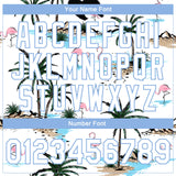 Custom White White-Light Blue Hawaii Palm Trees And Flamingo 3D Pattern Design Bomber Full-Snap Varsity Letterman Jacket