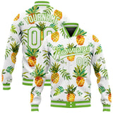 Custom White White-Neon Green Pineapples 3D Pattern Design Bomber Full-Snap Varsity Letterman Jacket
