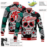 Custom Black Red-White Skull Fashion 3D Pattern Design Bomber Full-Snap Varsity Letterman Jacket