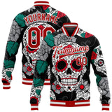 Custom Black Red-White Skull Fashion 3D Pattern Design Bomber Full-Snap Varsity Letterman Jacket
