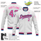 Custom White Pink Black-Light Blue Bomber Full-Snap Varsity Letterman Jacket